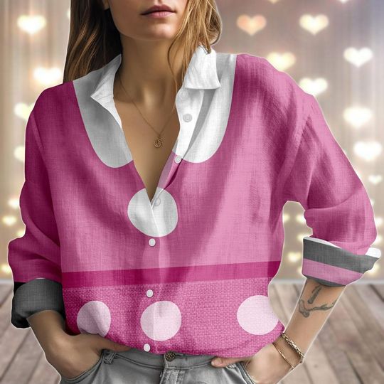 Discover Minnie Mouse Cosplay Linen-Look Shirt, Pink Polka Dot Women Shirt, Disney Mouse Halloween Blouse Shirt, Girly Party Shirt, Gift For Her