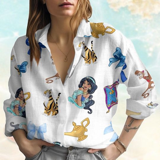 Discover Jasmine Princess Linen-Look Shirt, Disney Princess Blouse Tops, Aladdin Magic Carpet Casual Shirt, Disneyland Women Shirt, Gift For Her