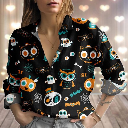 Discover Halloween Owl Bat Linen-Look Shirt, Cute Pumpkin Ghost Cat Women Shirt, Spooky Spider Web Blouse Shirt, Fall Party 2025 Outfit Women