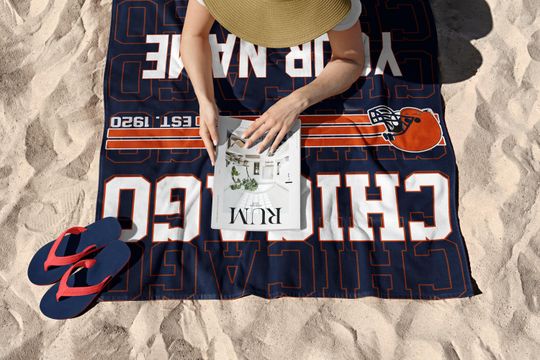 Chicago Football Personalized Beach Towel,Retro Chicago Bear Football Towel , Chicago Bear Fan Gift , Sunday Football BFA5