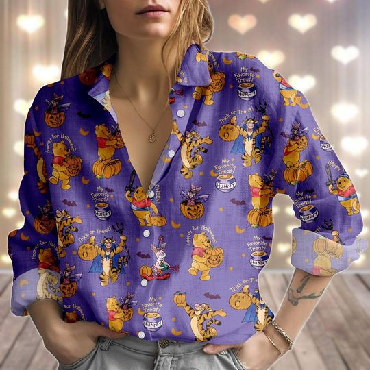 Discover Halloween Winnie Pooh Linen-Look Shirt, Disney Pumpkin Women Shirt, Retro Pooh And Friends Blouse Shirt, Spooky Cartoon Casual Chic