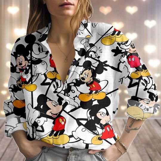 Halloween Mickey Mouse Linen-Look Shirt, Disneyland Women Shirt, Retro Mouse Cartoon Blouse Shirt, Spooky Cartoon Casual Shirt For Her