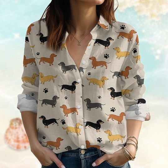 Retro Dachshund Dog Linen-Look Shirt, Sausage Dog Blouses Shirt Women, Dog Family Button Shirt, Funny Vacation Shirt, Summer Gifts