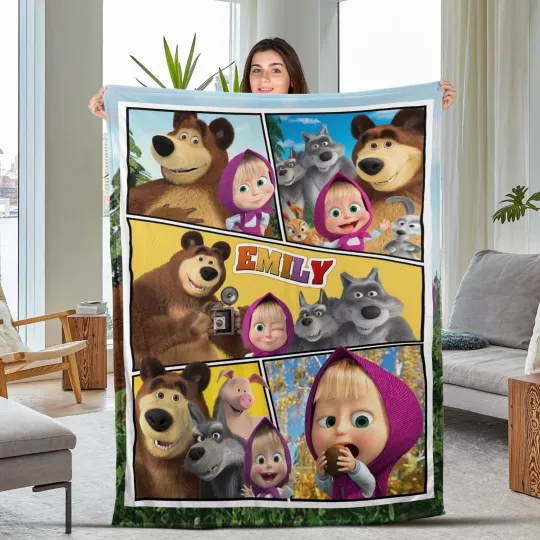 Discover Personalized Marsha and the Bear Blanket, Custom Name Marsha and the Bear Birthd