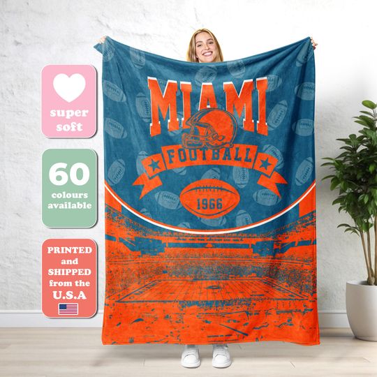 Miami Football Blanket, Retro Miami Football Blanket, Miami Dolphin Football Blanket,Dolphin Football Fans Gift