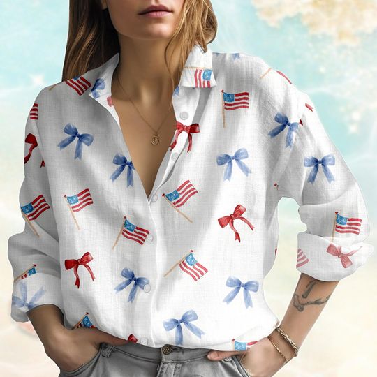 Discover America Coquette Bow Linen-Look Shirt, 4th Of July Women Shirt, USA Flag Blouses Shirt, US Patriot Pride Casual Shirt, Independence Day