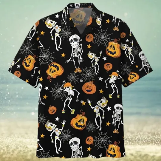 Discover Halloween Pumpkin Skeleton Dancing Hawaiian Shirt