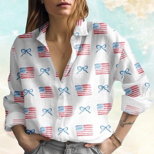 4th Of July American Linen-Look Shirt, Retro USA Flag Blouse Tops Women, Cute Coquette Bow Shirts For Women, Independence Day 2025