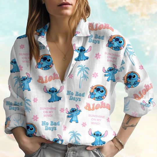 Discover Stitch Aloha Linen-Look Shirt, Lilo and Stitch Women Shirt, Hawaiian Pattern Blouses Shirt, Funny Stitch Casual Shirt, Disneyland Shirt