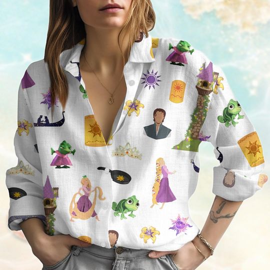 Discover Rapunzel Tangled Princess Linen-Look Shirt, Disney Princess Blouses Tops Women, Disneyland Button Shirt, Summer Tee, Vacation Gifts