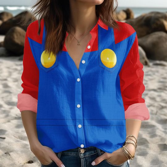Mario Cosplay Blouse Shirt, Super Mario Women Shirt, Nintendo Gamer Costume, Mario Bros Linen-Look Casual Shirt, Halloween Party Gift