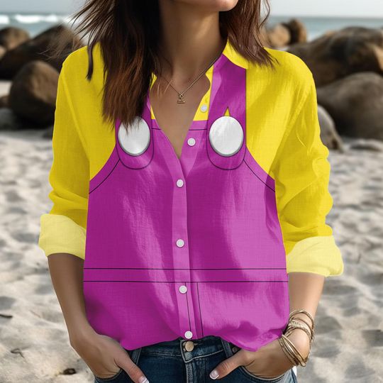 Wario Cosplay Blouse Shirt, Super Mario Women Shirt, Nintendo Gamer Costume, Mario Bros Linen-Look Shirt, Halloween Party Casual Shirt