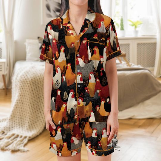 Discover Chicken Pajama Set: Women's Satin Short Sleeve Sleepwear