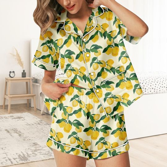 Lemon Short Satin Pajamas, Kawaii Lemon Pajamas Women, Summer Pajama Shorts For Women, Bridal Party Silk Pajamas Women