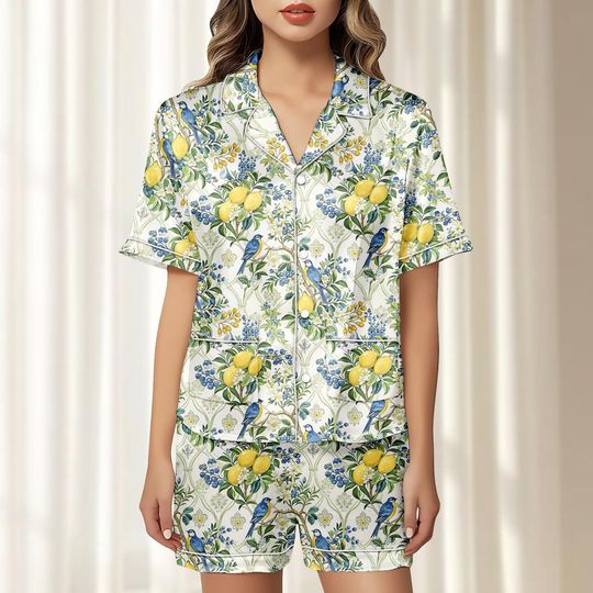 Bird Lemon Floral Satin Pajamas Short Set, Cottagecore Citrus Sleepwear, Bluebird Garden Pjs, Summer Loungewear Women, Gift For Her
