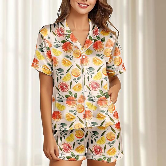 Discover Citrus Satin Pajamas Short Set, Orange Lemon Grapefruit Pjs, Colorful Fruit Summer Sleepwear, Juicy Loungewear For Women, Gift For Her