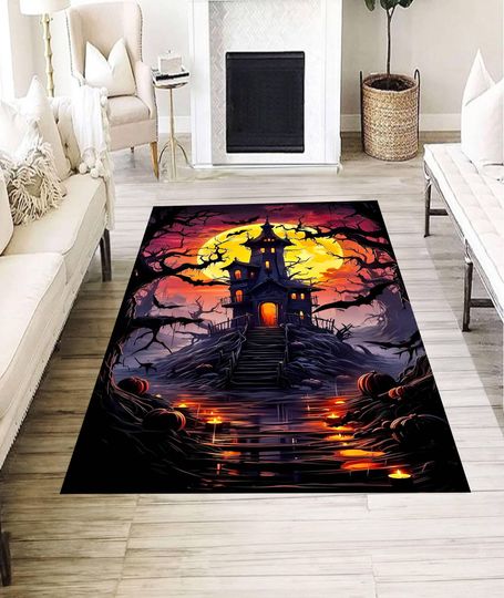 Haunted Mansion Halloween Rug, Spooky Moonlit Castle Carpet, Dark Fantasy Decor Mat