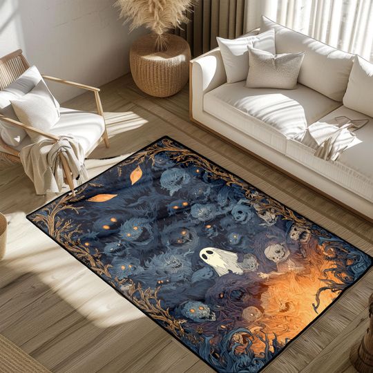Spooky Ghost Horror Fan Rug, Halloween Party Decor, Haunted Forest Monsters Carpet, Gothic Dark Fantasy Art Mat, Creepy Skull Rug