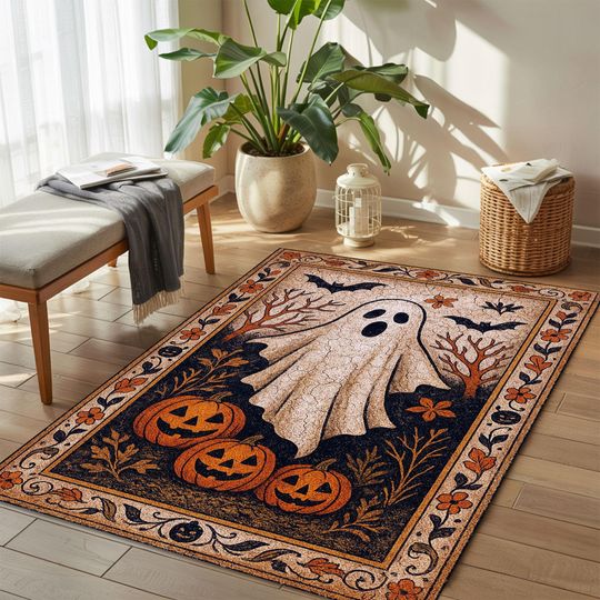 Halloween Ghost Pumpkin Rug, Spooky Entryway Mat, Fall Jack-O'-Lantern Floor Decor, Bat Themed Haunted Rug