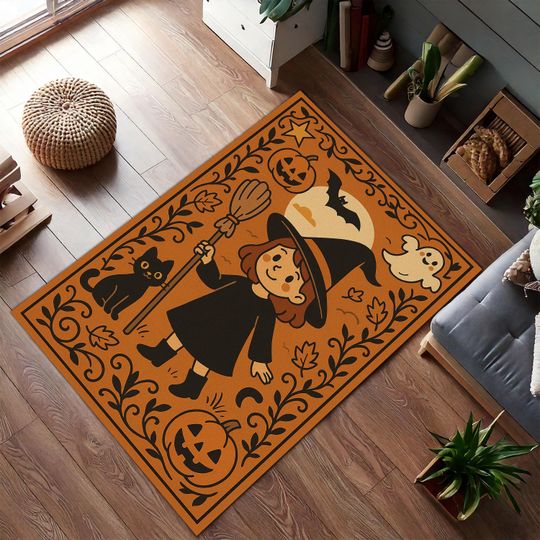 Discover Cute Halloween Rug with Black Cat, Pumpkins, and Ghost | Kids' Spooky Floor Mat