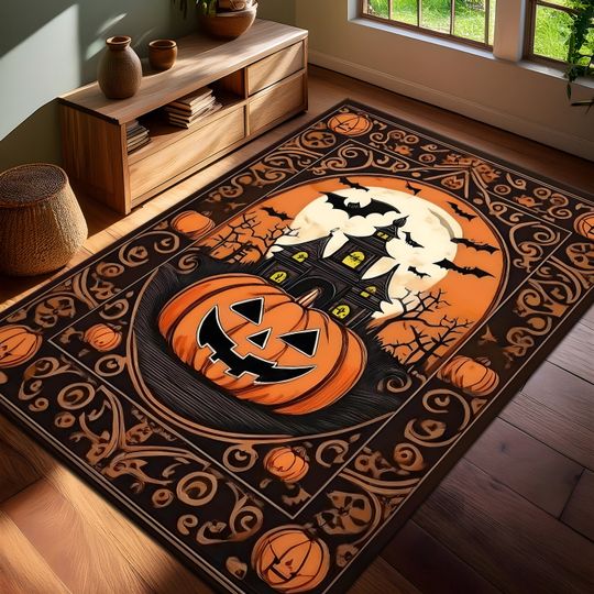 Discover Pumpkin Rug, Halloween Decor Rug, Horror Rug, Halloween Themed Rug, Living Room Rug, Bat Rug