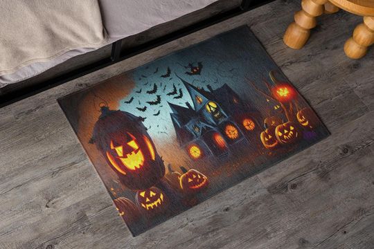 Halloween Pumpkin Rug, Haunted House Doormat, Spooky Welcome Mat, Trick or Treat Carpet, Vintage Halloween Decor