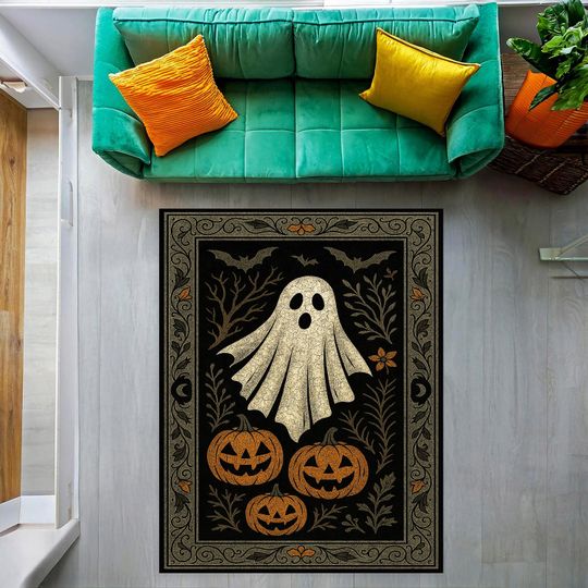 Halloween Ghost and Jack O'Lantern Rug, Spooky Floor Mat, Trick or Treat Carpet