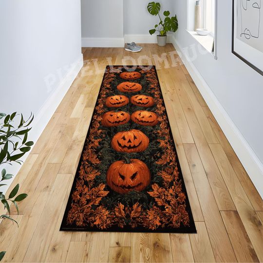 Pumpkin Face Halloween Runner Rug with Autumn Leaves Design for Entryway or Fall Décor