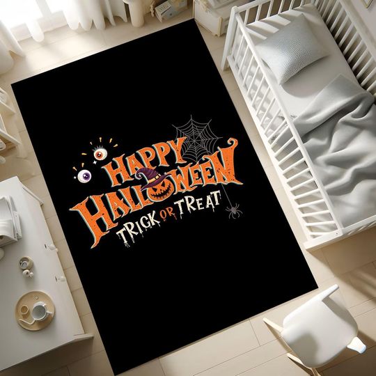 Discover Halloween Rug | Trick or Treat Pumpkin Carpet | Washable Non-Slip Black Floor Mat for Kids Room & Playroom