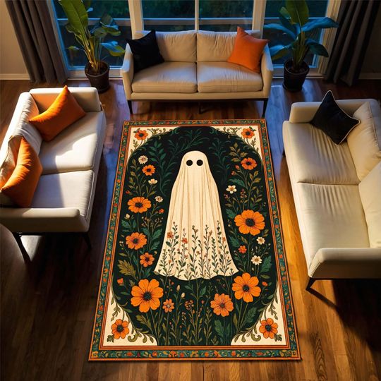 Discover Ghost Halloween Rug with Orange Flowers - Spooky Cottagecore Fall Area Rug for Living Room