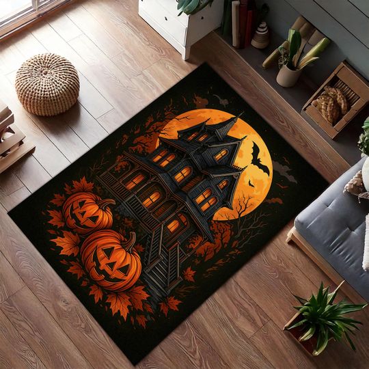 Discover Haunted House Halloween Rug - Gothic Carpet with Pumpkins and Full Moon for Spooky Home Decor