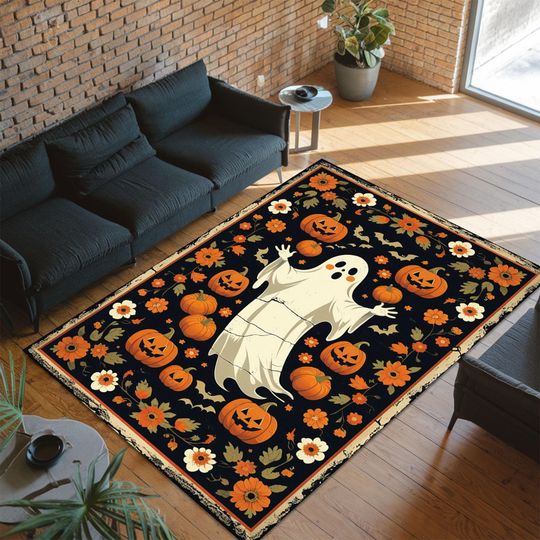 Ghost Pumpkin Rug, Floral Halloween Carpet, Fall Welcome Mat, Autumn Decor Rug, Nursery Cozy Rug, Harvest Halloween Rug, Orange Bloom Rug