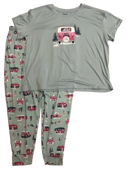 Discover Womens Blue Happy Camper Deer Bunny Pajamas Joggers & T-Shirt Sleep Set