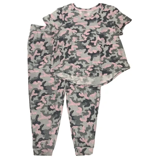 Discover Womens Pink & Gray Camo Pajamas Knit Tee Shirt & Jogger Pants Sleep Set 2X