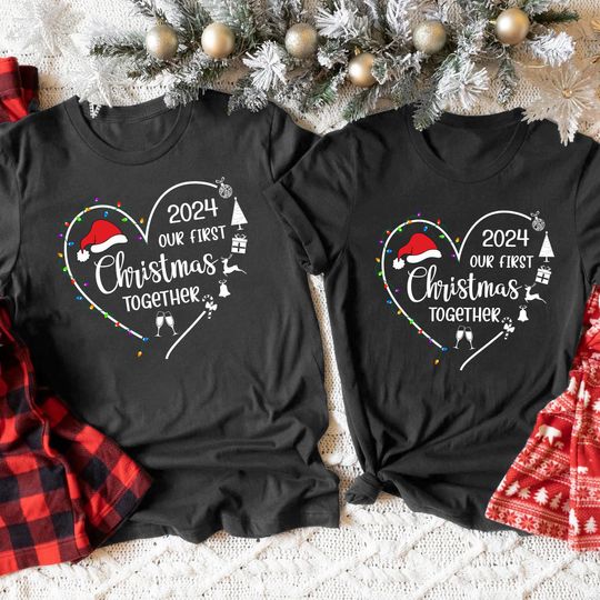 Discover Our First Christmas Couple Shirts, Funny Christmas Shirt Set, Couples Matching Christmas Tshirts, Matching Couple Pajamas Shirt