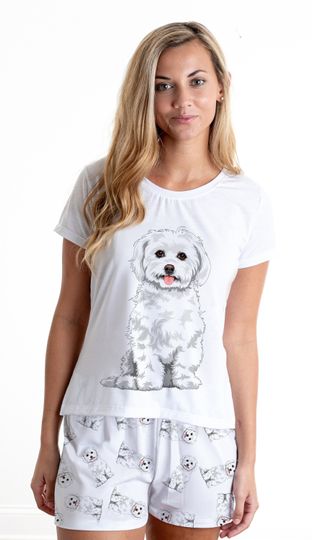 Maltese pajama set with shorts for women, Maltese mom gift idea, Maltese matching comfortable pjs, maltipoo lover outfit, Maltese dog lover
