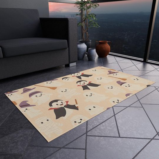 Halloween Rug with Cute Ghosts, Vampires & Mummies - Spooky Cartoon Floor Mat for Kids