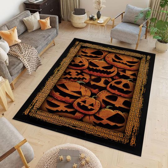 Discover Halloween Pumpkin Rug, Machine Washable Halloween Rug, Pumpkin and Witch Design Rug, Halloween Room Decor, Halloween Gift Rug