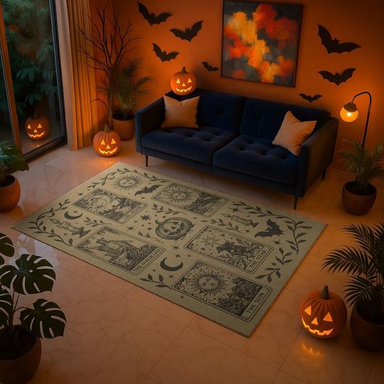 Discover Halloween Tarot Rug, Witchy Occult Carpet, Celestial Gothic Area Rug, Mystical Decor, Witch Room Floor Mat