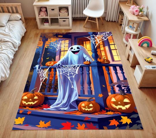Discover Halloween Ghost Rug for Kids Room, Pumpkin Porch Carpet, Spooky Fall Nursery & Playroom Decor, Trick or Treat Area Rug