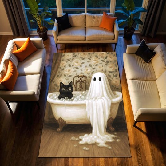 Discover Cute Ghost and Cat Halloween Rug, Vintage Bathtub Carpet with Bubbles, Spooky Cozy Living Room Decor