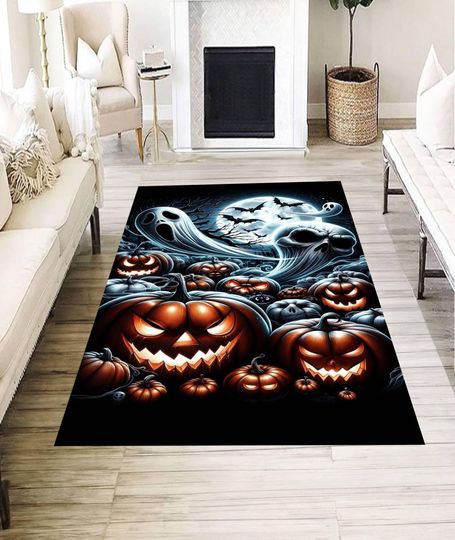 Ghost and Pumpkin Halloween Rug, Spooky Moonlight Carpet, Haunted House Floor Mat, Creepy Autumn Entryway Decor