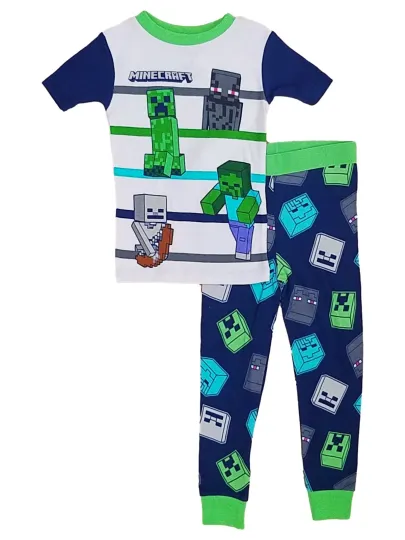Discover Minecraft Boys Short Sleeve White and Navy Pajama Shirt & Sleep Pants Set Size 4