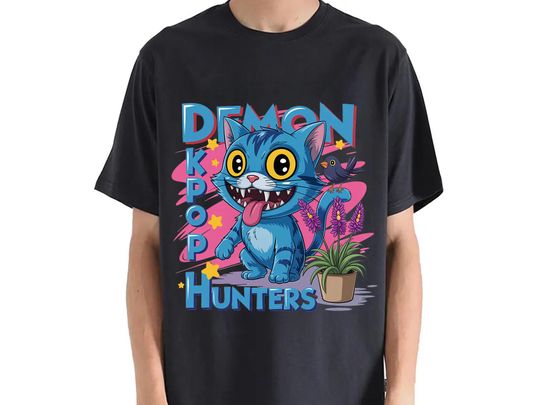 Discover Funny Demon Cat K-Pop Hunters T-Shirt, Cute Anime Blue Cat Graphic Tee, Kawaii Aesthetic Shirt, Korean Style Gift for Fans
