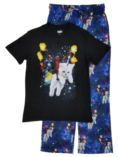 Marvel Mens 2-Piece Deadpool Unicorn Kitty T-Shirt & Flannel Pant Sleep Set