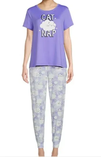 Discover -SECRET TREASURES PAJAMAS PJ SET CAT NAP TOP LONG JOG PANTS PURPLE WHITE 2X
