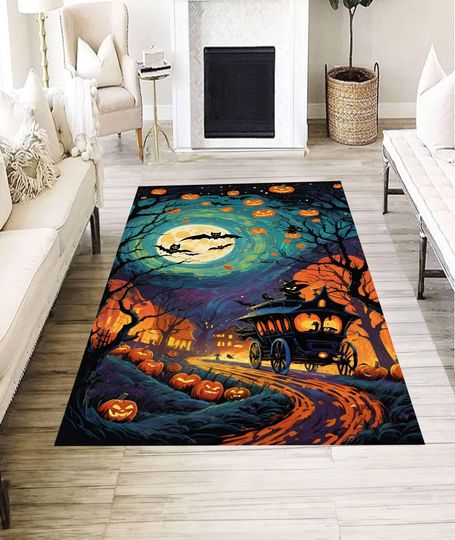 Discover Halloween Night Scene Rug, Spooky Pumpkin Carriage Carpet, Haunted Forest Decor Mat, Fall Witch House Area Rug for Kids Room or Entryway