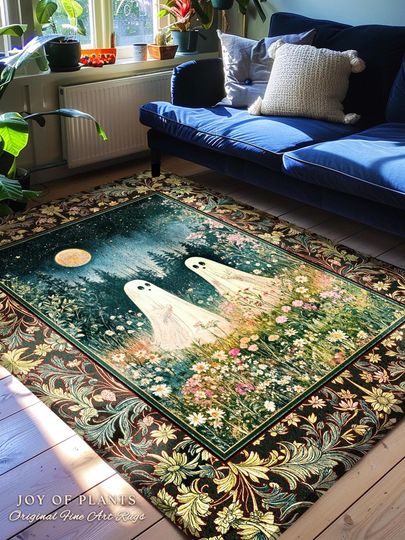 Autumn Spirits Lunar Meadow Ghost Rug - Dark Spirit Accent, Spooky Season Cottagecore Decor, Gothic Enchantment, Floral Woodland Fairy