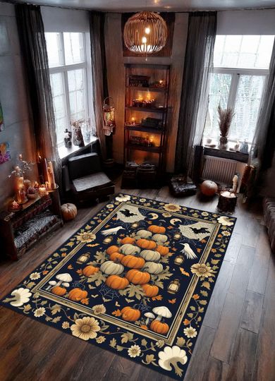 Gothic Pumpkin Rug, Vintage Fall Botanical Rug, Dark Autumn Halloween Decor, Gothic Rug, Pumpkin Rug, Dark Aesthetic Decor
