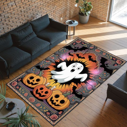 Halloween Ghost and Pumpkin Rug, Gothic Fall Floor Mat, Spooky Kids Trick or Treat Rug, Pop Art Halloween Decor